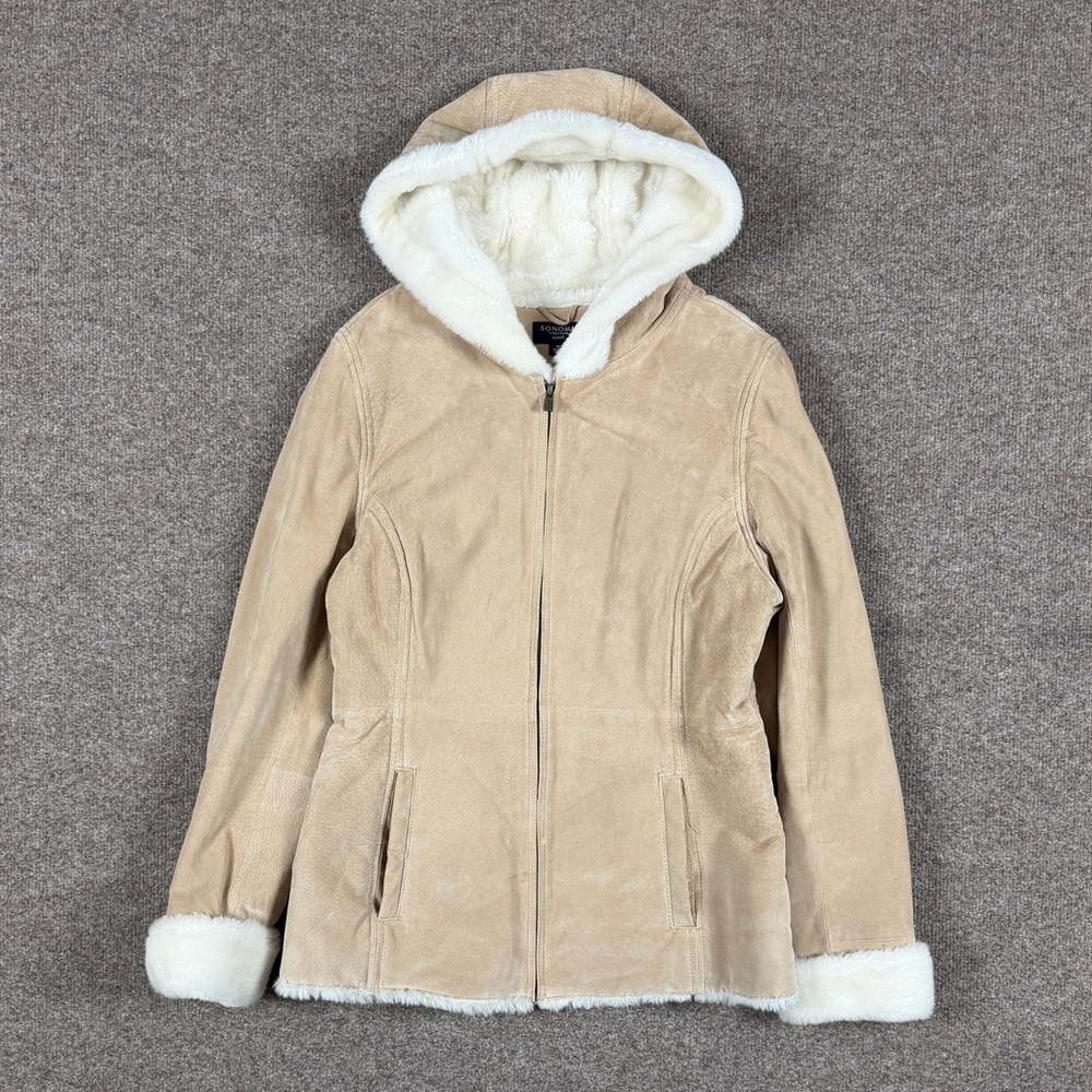 Vintage Beige Tan Suede Leather Hooded Faux Fur Lined Jacket Women’s M Retro Y2K